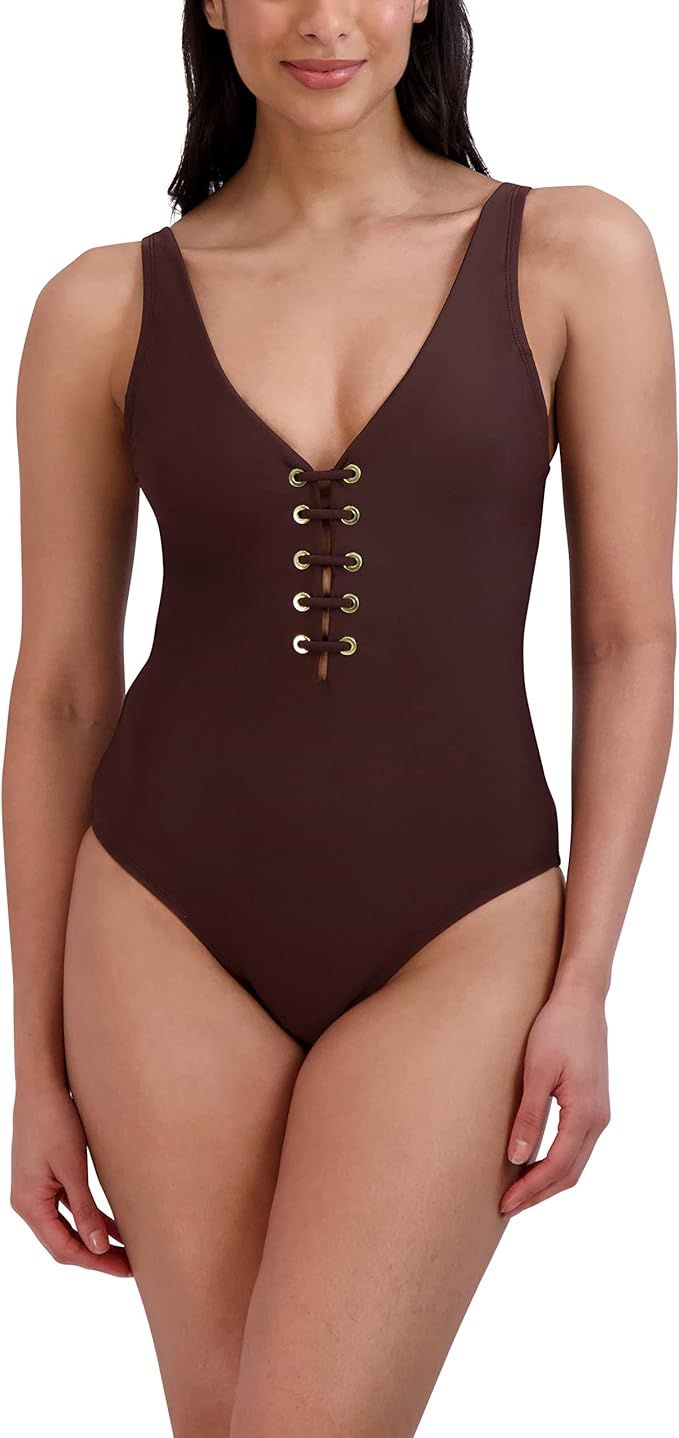 BCBGMAXAZRIA Women's Standard One Piece Swimsuit Lace Up Grommet Tummy Control Quick Dry Bathing ... | Amazon (US)