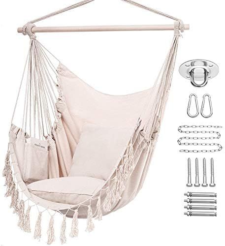 Y-STOP Hammock Chair Hanging Rope Swing, Max 330 Lbs, 2 Cushions Included, Large Macrame Hanging Cha | Amazon (US)