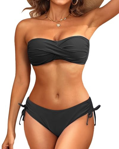 Women's Black Strapless Bandeau Bikini Set - Twist Front Two Piece Swimsuit Top with Side Tie Bathing Suit Bottom M | Amazon (US)