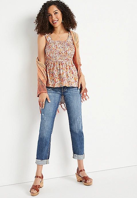 Multi Floral Smocked Babydoll Tank Top | Maurices