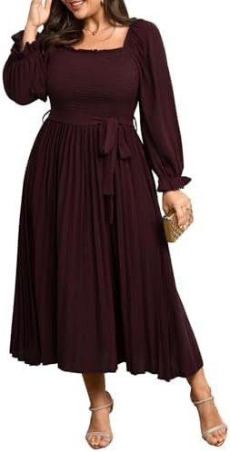 Women's Plus Size Dress Long Sleeve Smocked Square Neck Ruffle Pleated Flowy Wedding Guest Maxi F... | Amazon (US)