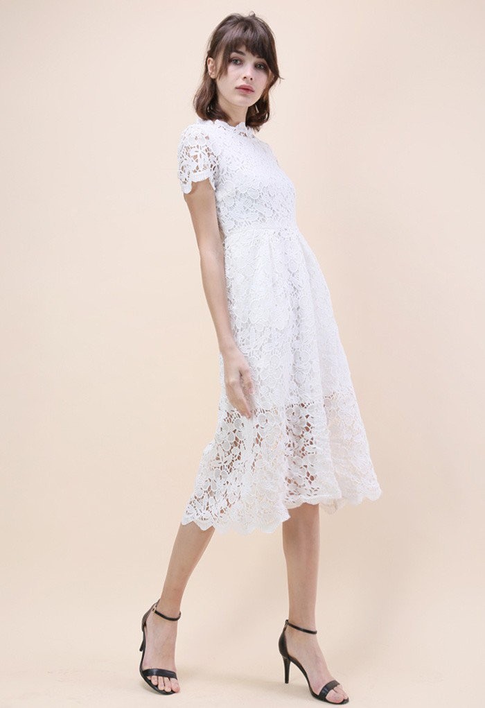 Floral Holiday Crochet Dress in White Floral Holiday Crochet Dress in GreenFull Flower Cut Out Midi  | Chicwish