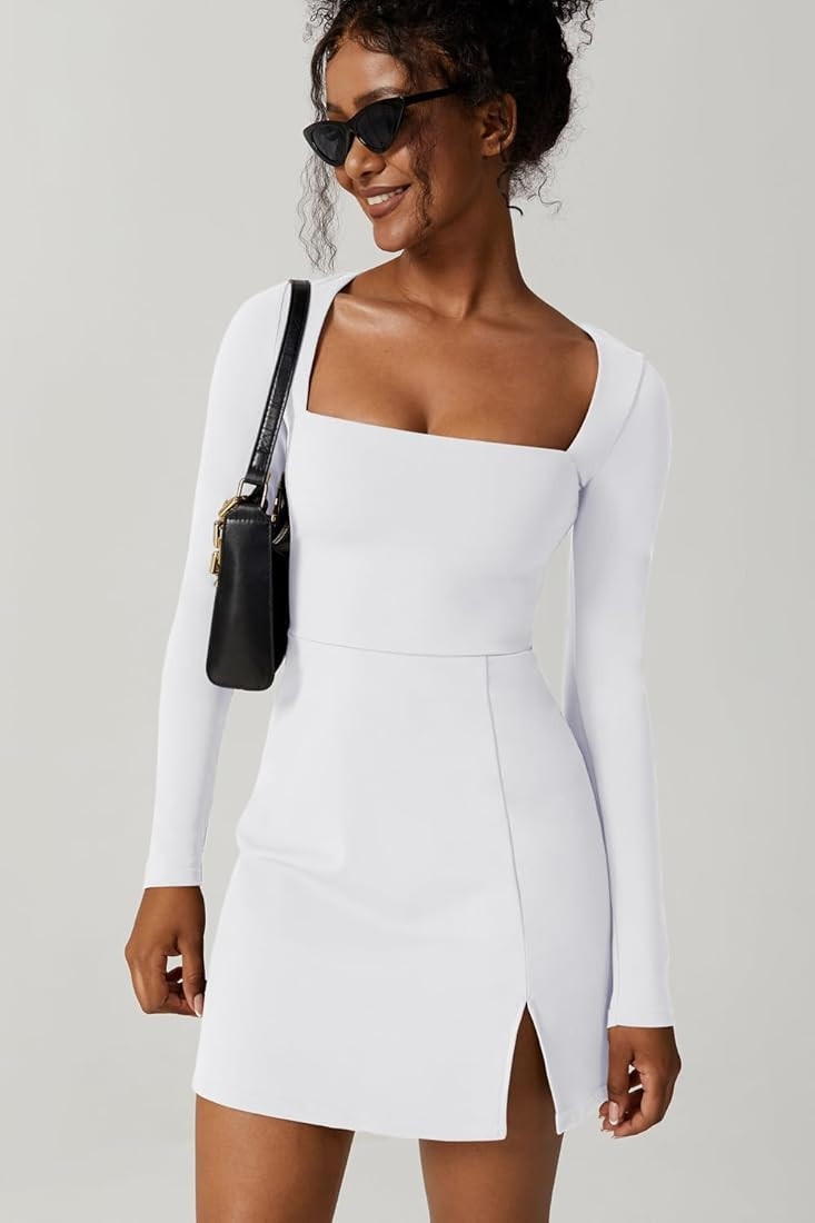 QINSEN Womens Square Neck Bodice Dress Long Sleeve Side Slit Flare Mini Dresses | Amazon (US)