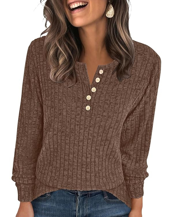 ANRABESS Womens Fall Long Sleeve Henley Shirts Lightweight Sweaters Dressy Casual Tunic Tops Butt... | Amazon (US)