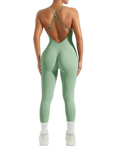 MOOSLOVER Women Strappy Backless One Piece Jumpsuits Tummy Control Padded Workout Rompers(M,#1 Mint Green) | Amazon (US)
