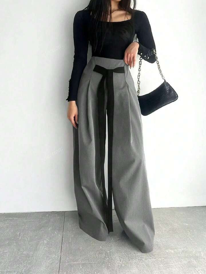 Fashion Design Wide Leg Pants Solid Color Commute Slimming Long Trousers | SHEIN