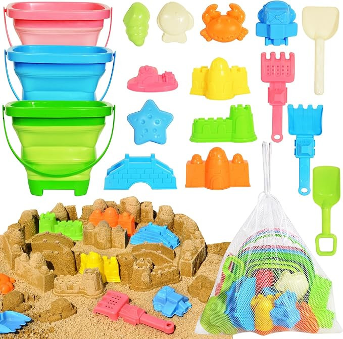 Collapsible Beach Sand Toys for Kids Toddlers,Travel Beach Toys with 3 Collapsible Sand Buckets,S... | Amazon (US)