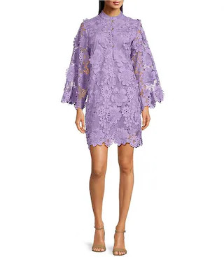 Seraphina Floral 3D Lace Split Round Button Up Neck Long Sleeve Shift Dress | Dillard's