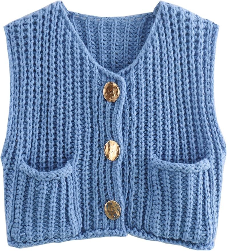 Bozanly Womens Chunky Knit Sweater Vest Cute Button Down Sleeveless Crop Crochet Cardigan Vest | Amazon (US)