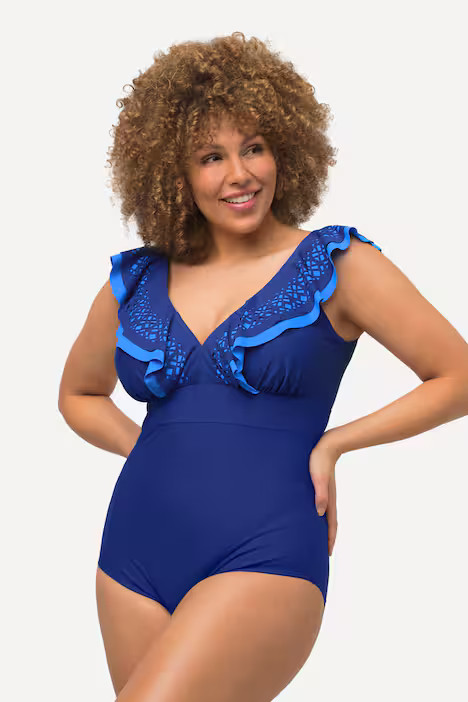 Two-Tone Laser Cut Ruffle Shoulder Swimsuit | Swimsuits | Swimwear | Ulla Popken - US & CA