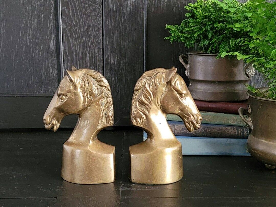 Pair of Brass Horse Head Bookends | Brass Stallion Book Ends | Mid Century Brass Horse Bust Booke... | Etsy (US)