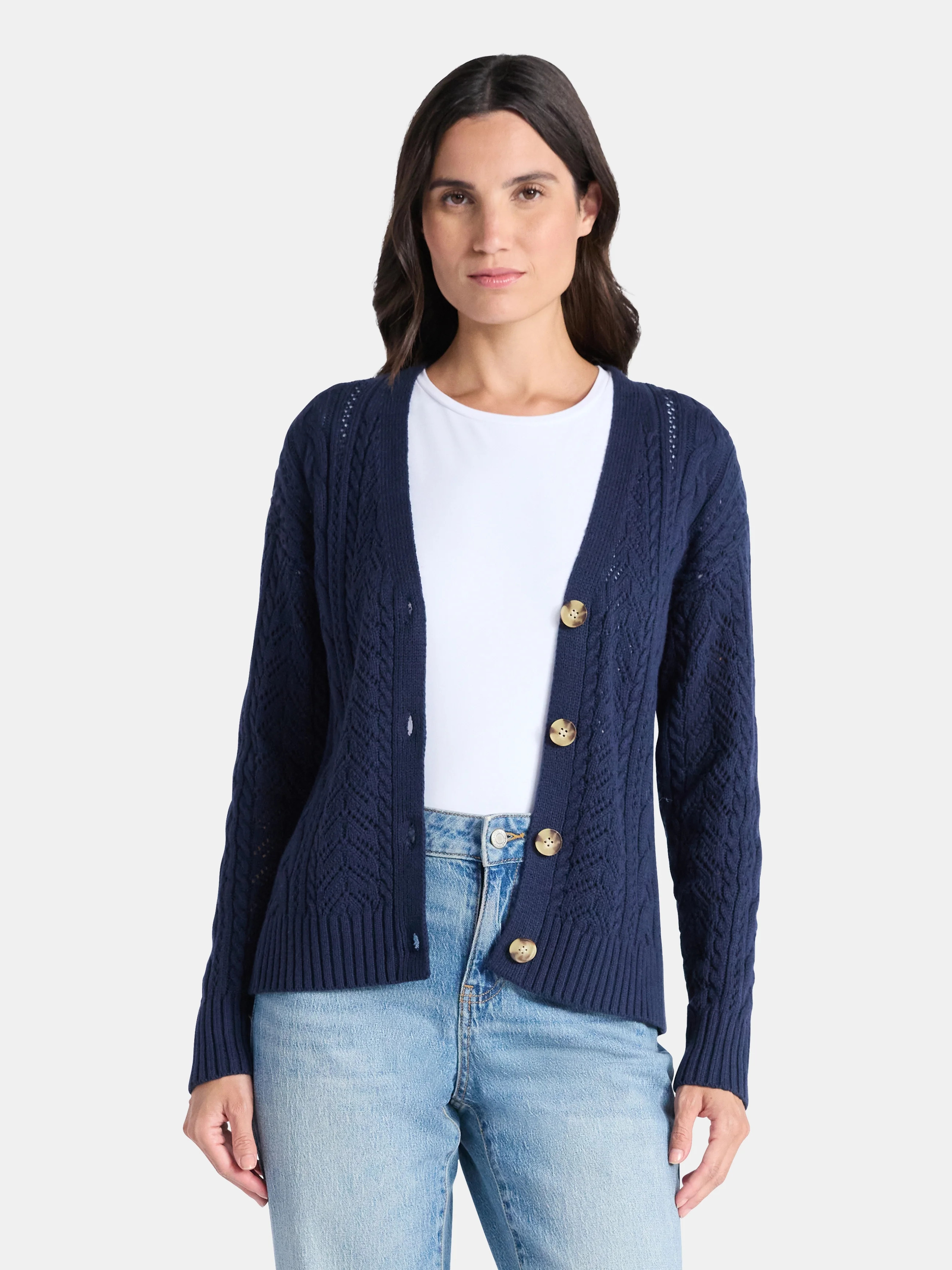 Time and Tru Women’s Boyfriend Cable Knit Cardigan, Size XS-3XL | Walmart (US)