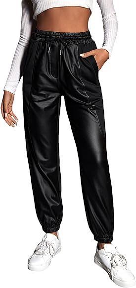 MakeMeChic Women's Faux Leather Pants Drawstring High Waist PU Leather Jogger Pants with Pockets | Amazon (US)