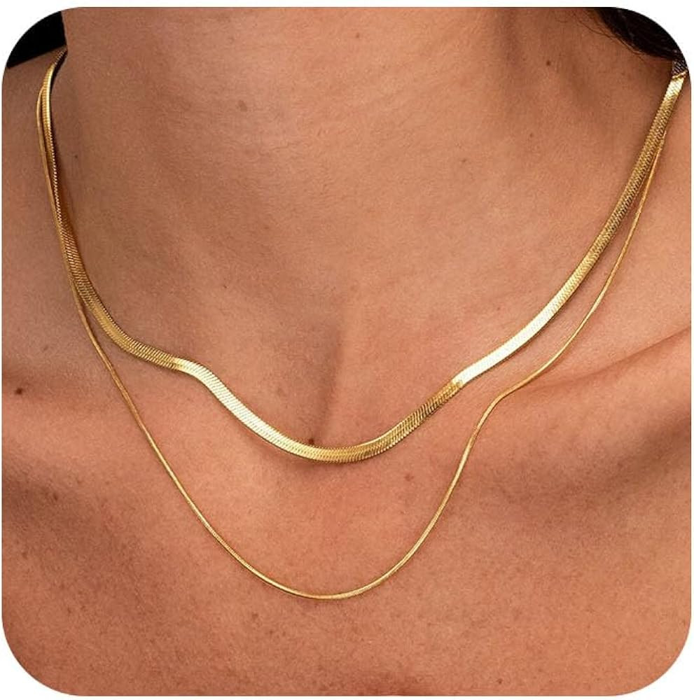 Herringbone Gold Necklace for Women Non Tarnish 14k Gold Plated Layered Necklaces Simple Dainty G... | Amazon (US)