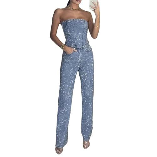 Women Diamond Denim Pant Set Backless Pocket Jeans Suit Shine Sets Slim Spring Summer Rhinestone Denim Pant Set (Blue,M) | Amazon (US)