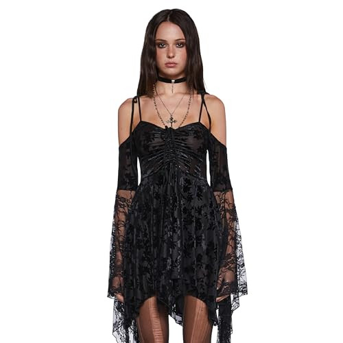 Dolls Kill F is for Fairies Handkerchief Dress for Women - Off-Shoulder, Custom Fit Dress for Fairycore Fashion - Black Velvet Lace, Large | Amazon (US)