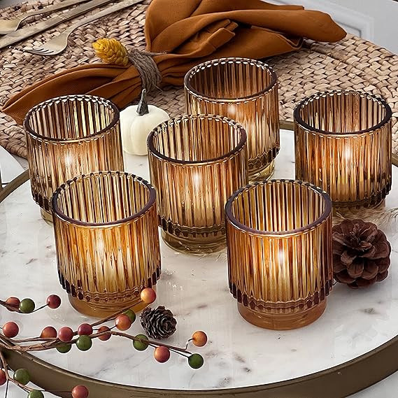 Kate Aspen Vintage Ribbed Amber Glass Tealight & Votive Candle Holders (Set of 6), Fall Decor, Bo... | Amazon (US)