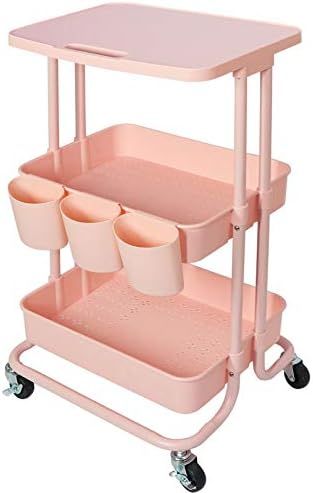 3 Tier Rolling Cart Tabletop Cart with Hanging Cups and Hooks Utility Kitchen Storage Cart for Of... | Amazon (US)