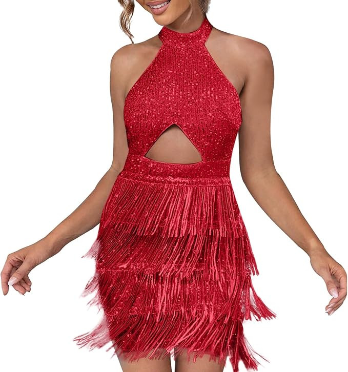 Women's Sexy Sequin Fringe Dress 2024 Fashion Beaded Sleeveless Halter Belly Button Sequin Skirt ... | Amazon (US)