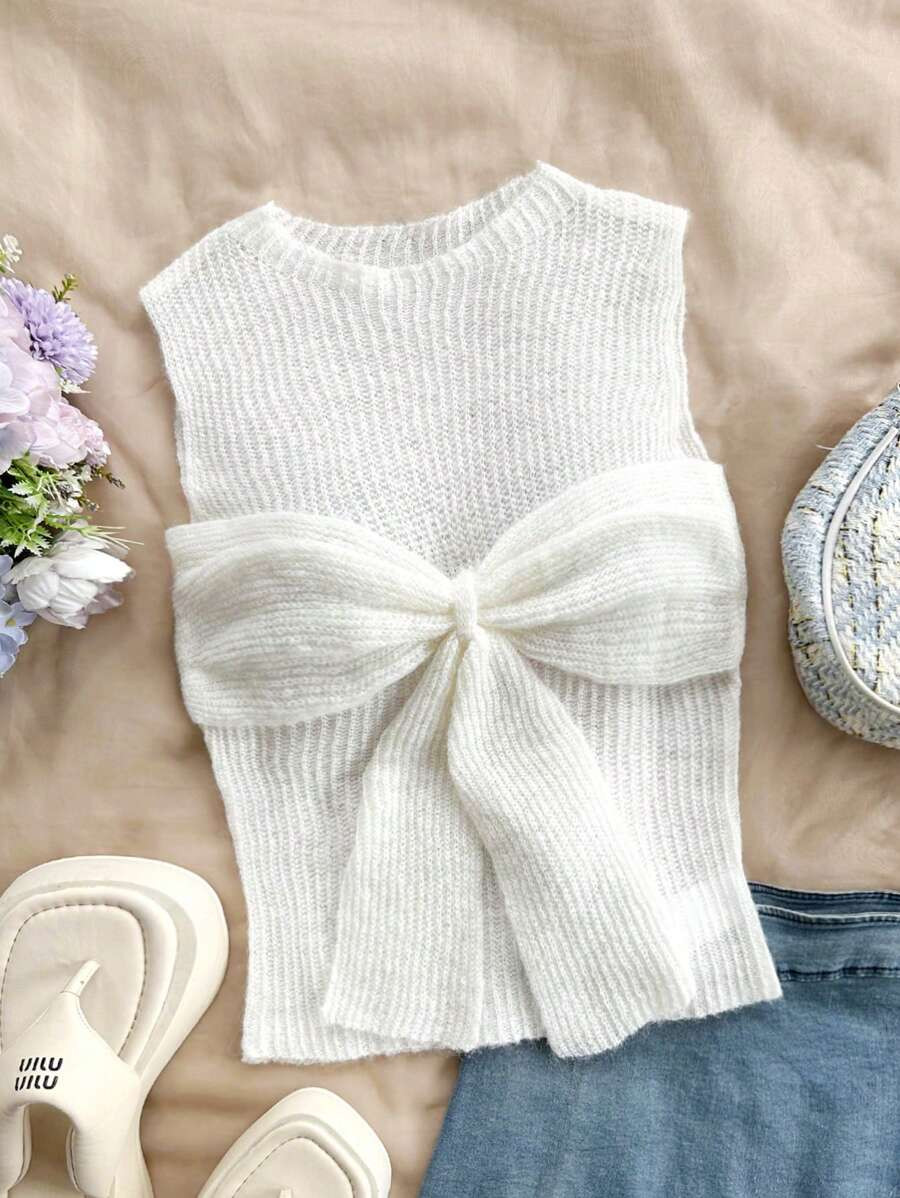 Soleia Knitted Tank Top With Pleated Bow Tie Belt For Women, Romantic Casual And Cute For Vacatio... | SHEIN