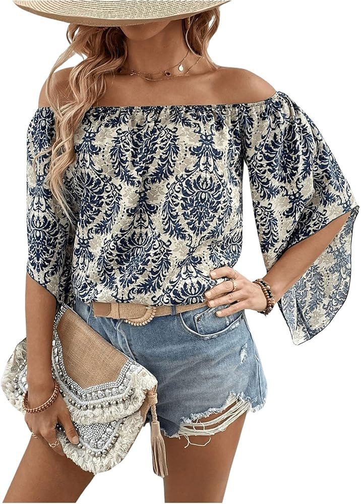 Verdusa Women's Off Shoulder Shirred Half Sleeve Loose Striped Blouse Shirt Top | Amazon (US)