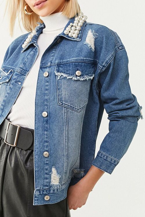 Distressed Faux Pearl Denim Jacket | Forever 21 (US)