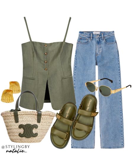 Green linen strappy  waistcoat, high waist relaxed jeans, Dior sandals, straw tote bag & gold accessories.
Summer outfit, smart casual, casual chic.

#LTKsummer #LTKbag #LTKstyletip