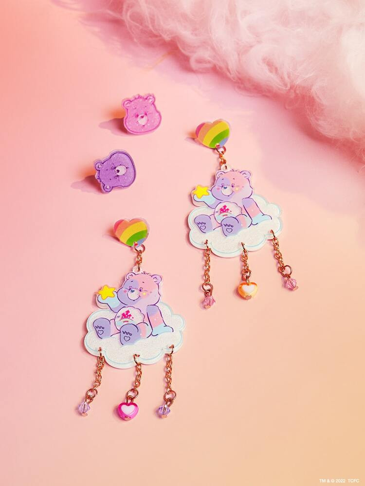 SHEIN X Care Bears 2pairs Rainbow & Cartoon Bear Decor Earrings | SHEIN