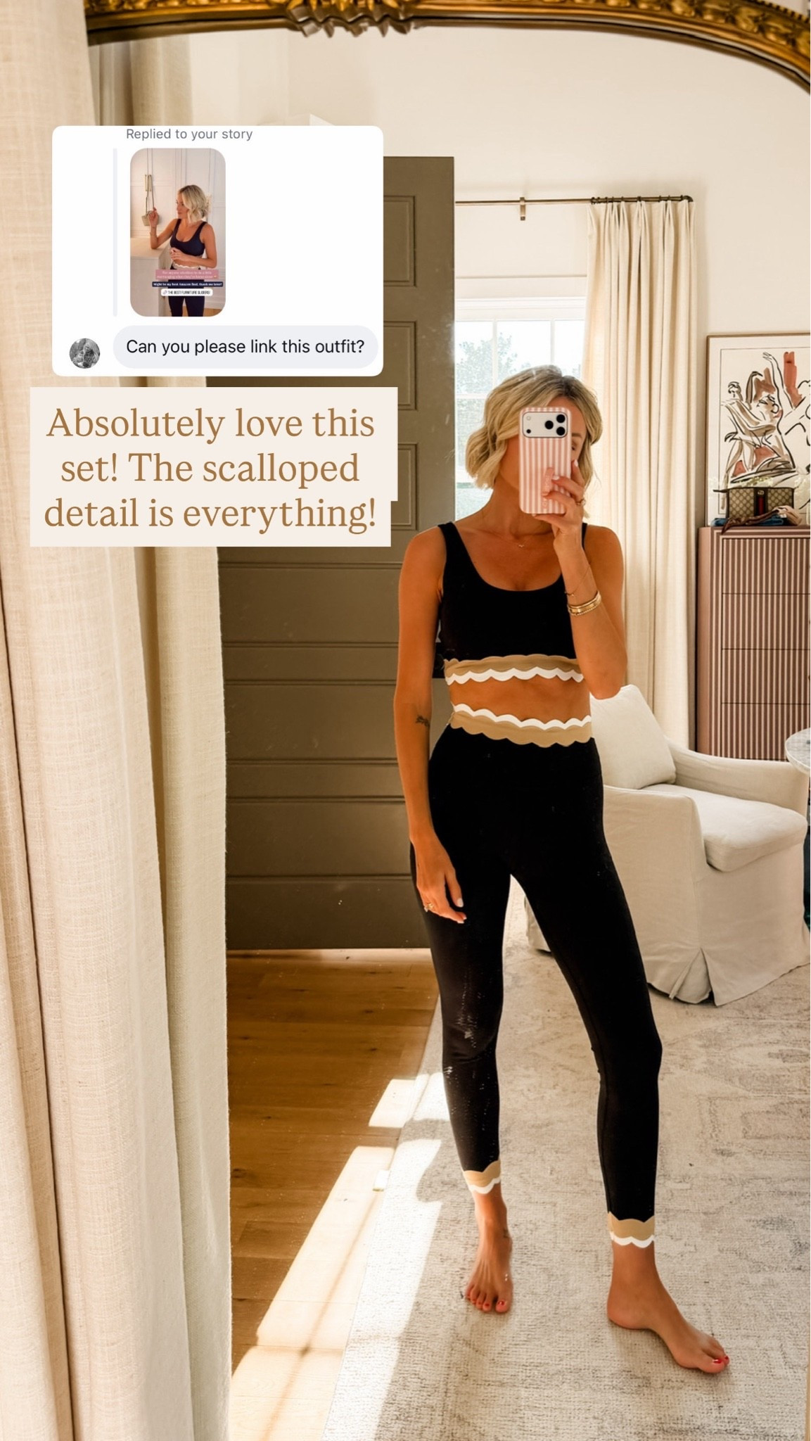 Love how fun the scallop trim on this sports bra and leggings are! I am wearing a M in top and S in leggings.  

Loverly grey, beach riot athletic set, athleisure women, neutral workout outfit, cute matching legging set

#LTKActive