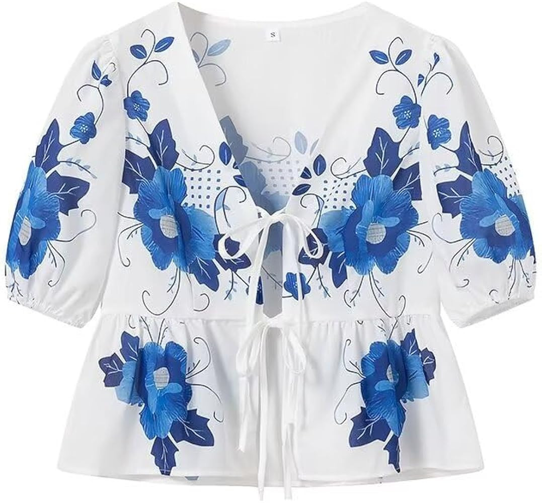 Women Floral Fairycore Shirts Vintage Cotagecore Blouse Bow Tie Front Going Out Shirts Boho Puffy... | Amazon (US)