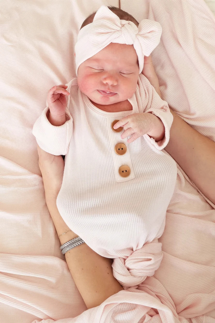 Pearl Pink Bamboo Waffle Newborn Baby Knot Gown & Hat Set | Caden Lane