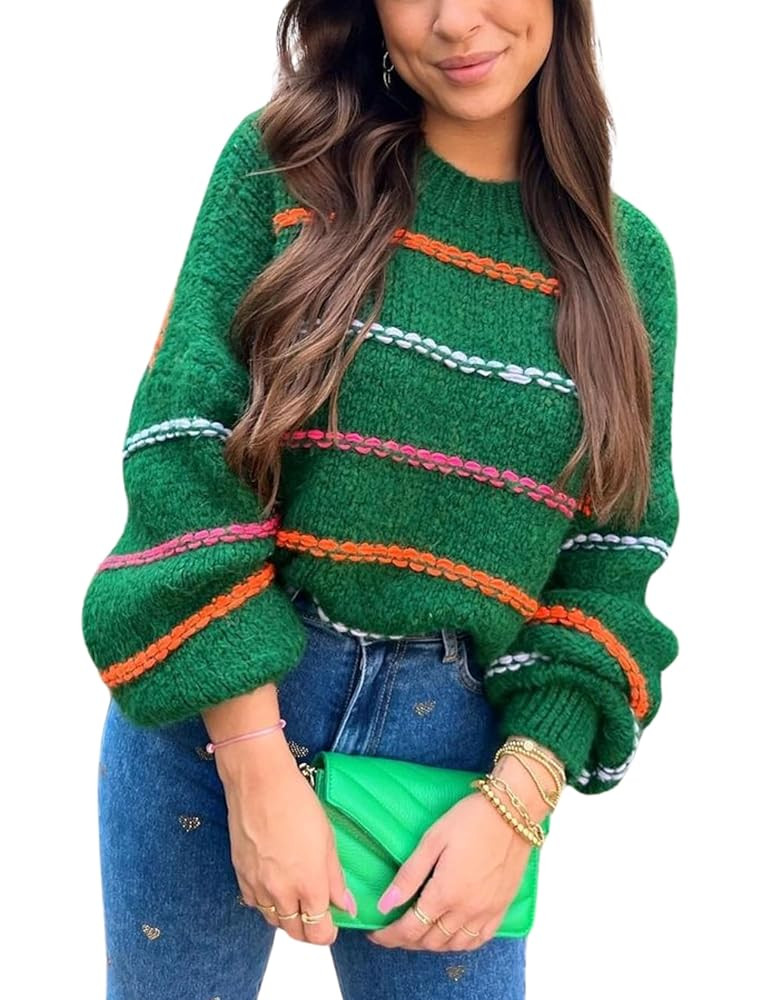 QIBABU Womens Striped Sweaters Casual Lantern Sleeve Color Block Knit Pullover Sweater Tops | Amazon (US)