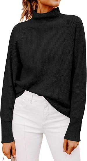 Yousify Womens Ribbed Mock Neck Batwing Sleeve Sweater Loose Knitted Pullover Sweaters Jumper Top... | Amazon (US)