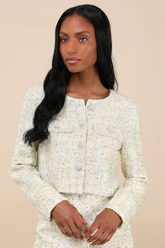 Carlena Green Tweed Rhinestone Button-Front Blazer | Lulus
