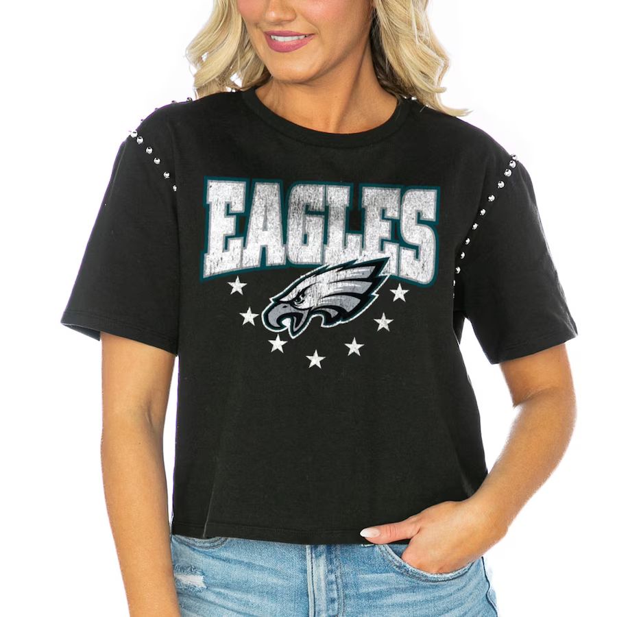 Philadelphia Eagles Gameday Couture Women's Gladiator Studded Sleeve Cropped T-Shirt - Black | Lids