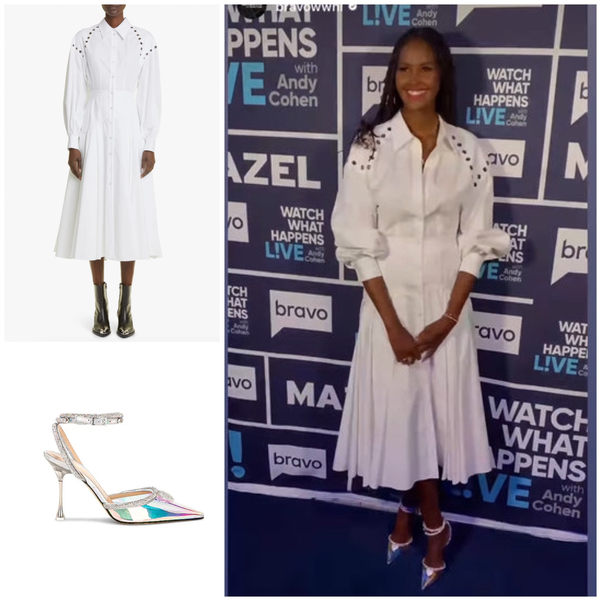 Ubah Hassan’s White Dress and Iridescent Heart Pumps on Watch What Happens Live 📸 = @bravowwhl