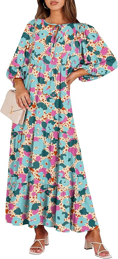 ANRABESS Womens Boho Maxi Dresses 2026 Summer V Neck Puff Sleeve Floral Flowy Swing Fall Casual L... | Amazon (US)