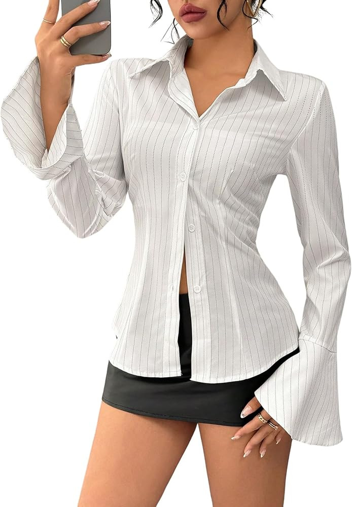 GORGLITTER Bluse Damen Elegant Langarm Bluse Gestreift Damenblusen Taillierte Hemdbluse Mit Strei... | Amazon (DE)