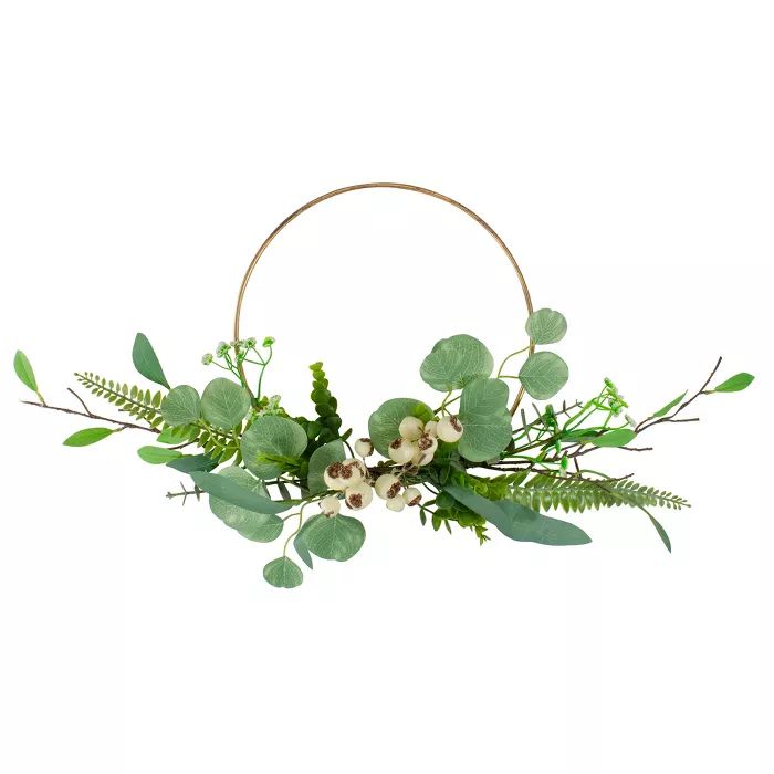 Northlight Eucalyptus Leaf and Fern Golden Ring Wreath Spring Decor, Green and Gold 30" | Target