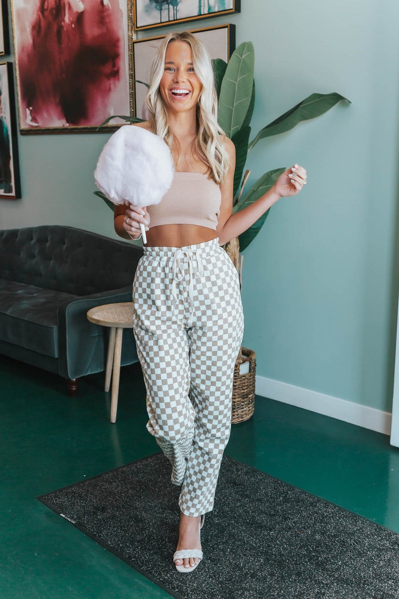 Best Things Are Sweet White/Taupe Checkered Pants | Apricot Lane Boutique