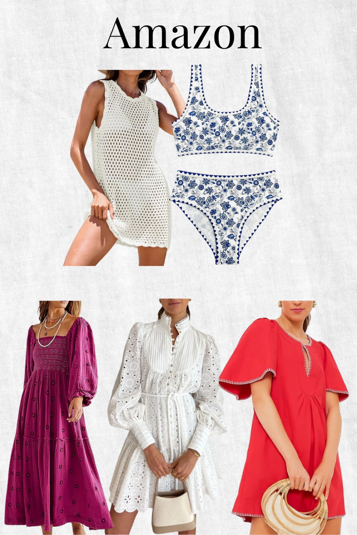 Resort wear 
Spring dresses
Amazon dress
Amazon swimsuit 