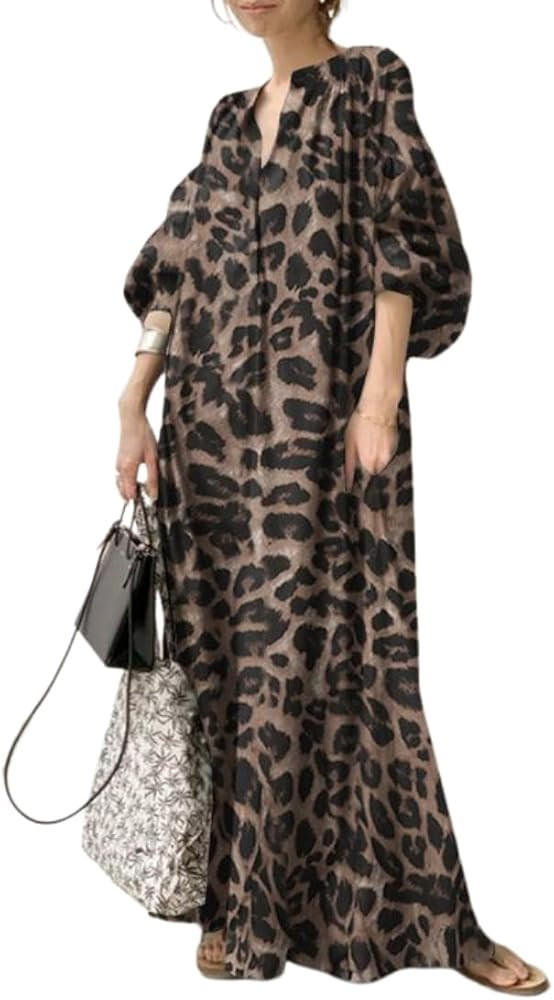 chouyatou Women Summer Casual Lantern Sleeve Floral Shift Dress Leopard Print Loose Maxi Long Shi... | Amazon (US)