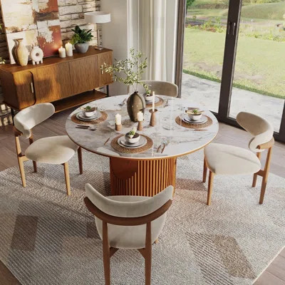 Mid-Century Modern Round Sintered Stone & Wood Dining Table | Wayfair North America