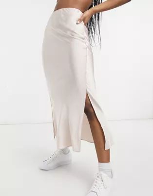 ASOS LUXE bias cut satin slip with splits midi skirt in soft pink | ASOS | ASOS (Global)