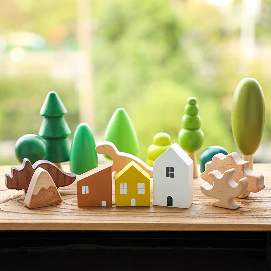 16PC Wooden Tree Toy Blocks Set Stacking - Good Nature Wood Houses and Cute Little Dinosaur Toys ... | Amazon (US)