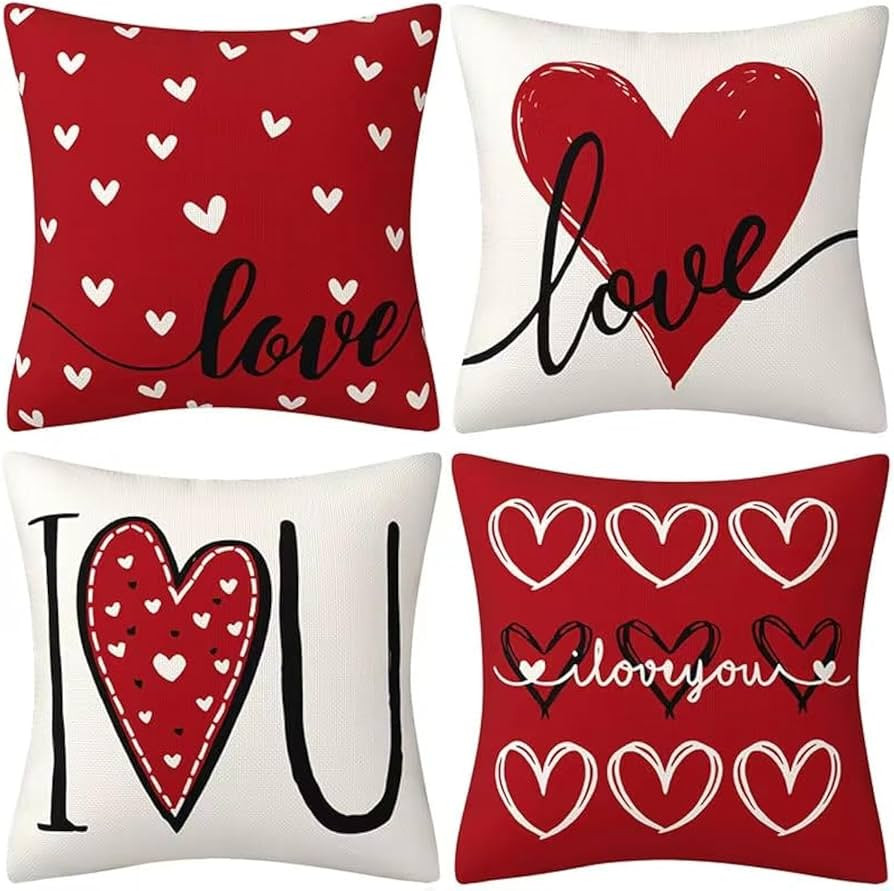Valentines Day Decor-Throw Pillow Covers 18x18 in Set of 4,Valentine Linen Pillow Case with Red H... | Amazon (US)