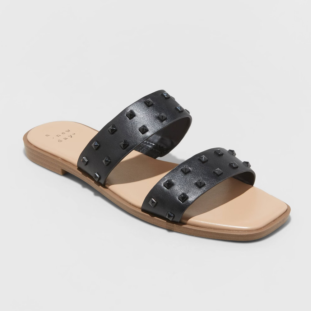 Women's Stella Two Band Studded Sandals - A New Day Black 7.5 | Target