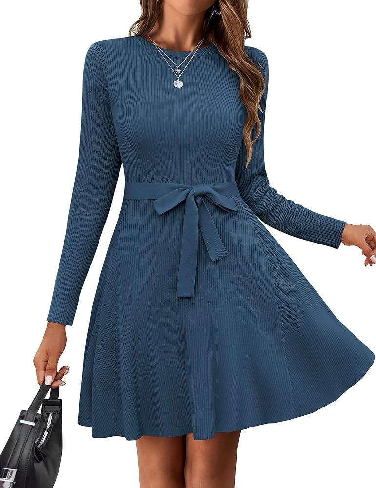 HOTOUCH Women's Long Sleeve Sweater Dress Crewneck A-Line Swing Casual Dress Bodycon Ribbed Knit ... | Amazon (US)