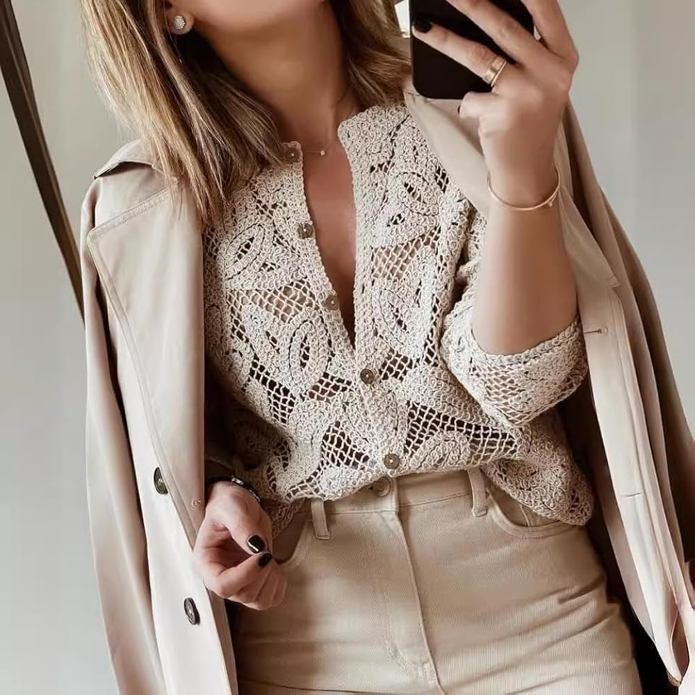 Women Crochet Tops Wood Button Up Sweater Cute Outfits Beach Vacation Clothes | Amazon (US)