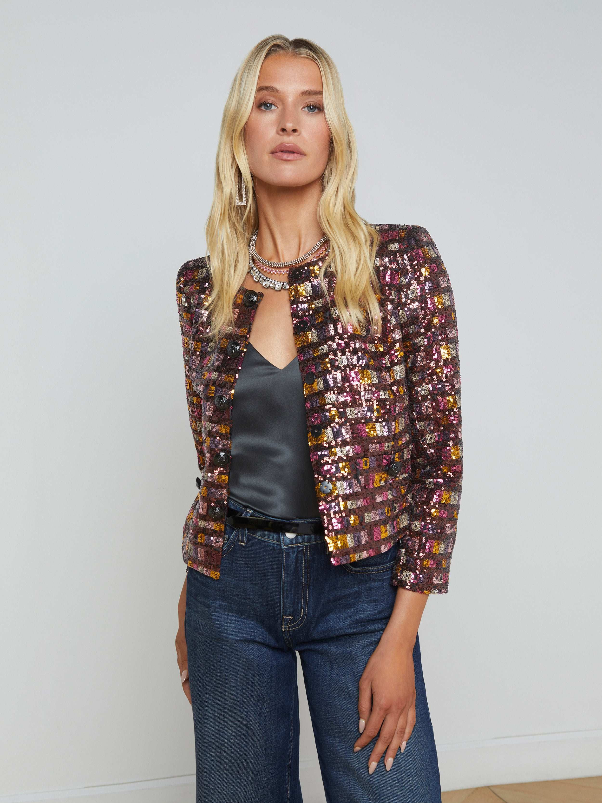 L'AGENCE - Caprina Sequin Jacket in Wisteria/Desert Clay Sequin Stripe | L'Agence